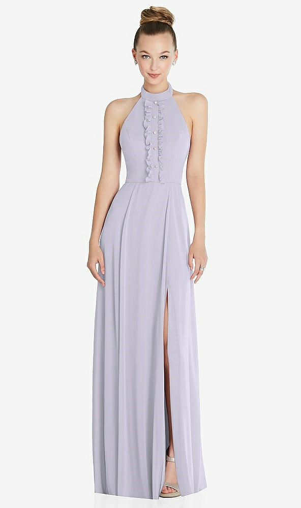 Front View - Silver Dove Halter Backless Maxi Dress with Crystal Button Ruffle Placket