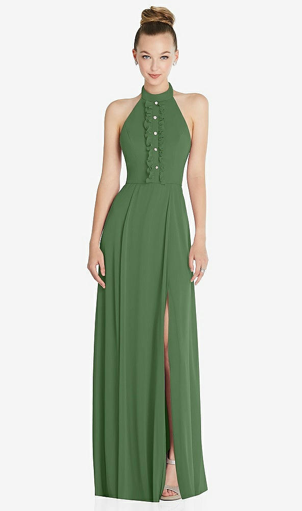 Front View - Vineyard Green Halter Backless Maxi Dress with Crystal Button Ruffle Placket