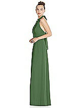 Side View Thumbnail - Vineyard Green Halter Backless Maxi Dress with Crystal Button Ruffle Placket