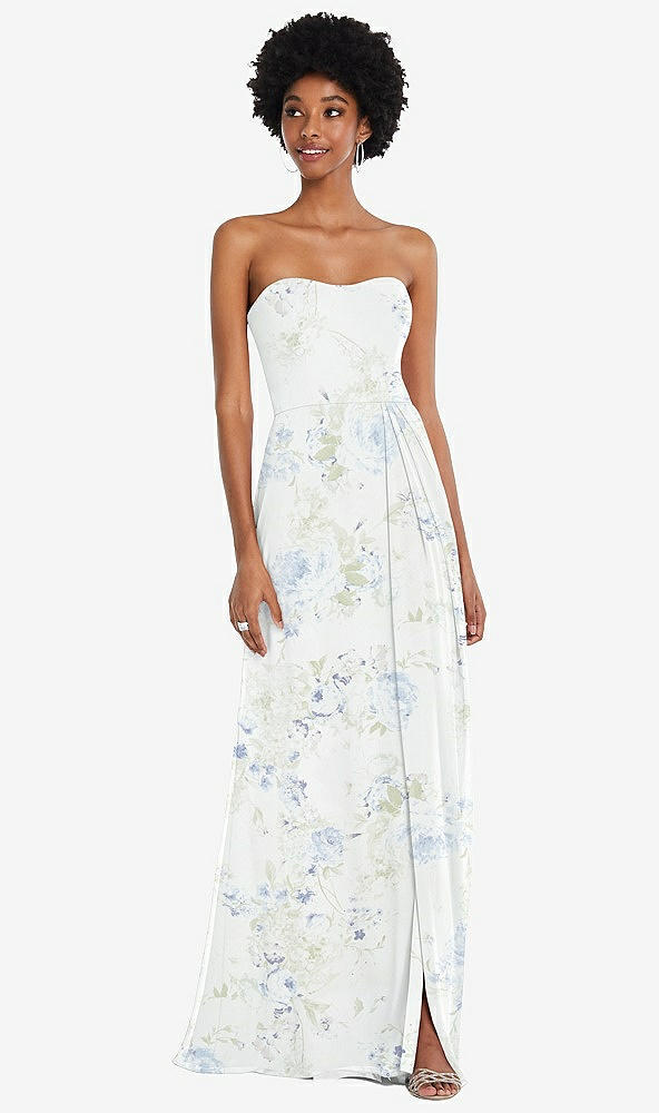 Front View - Bleu Garden Strapless Sweetheart Maxi Dress with Pleated Front Slit 