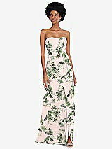 Front View Thumbnail - Palm Beach Print Strapless Sweetheart Maxi Dress with Pleated Front Slit 