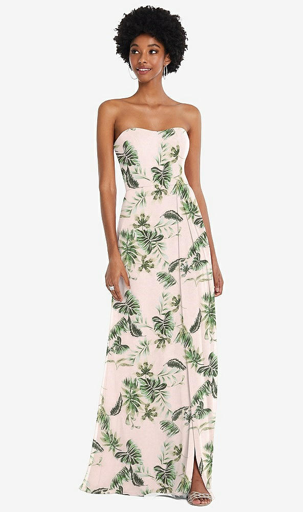 Front View - Palm Beach Print Strapless Sweetheart Maxi Dress with Pleated Front Slit 