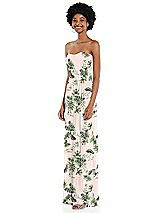 Side View Thumbnail - Palm Beach Print Strapless Sweetheart Maxi Dress with Pleated Front Slit 
