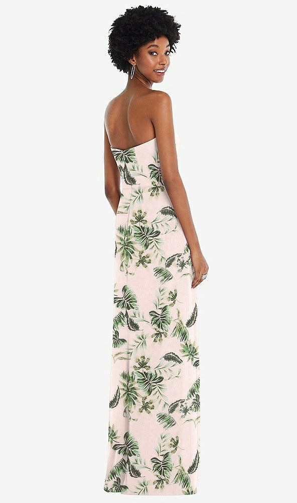 Back View - Palm Beach Print Strapless Sweetheart Maxi Dress with Pleated Front Slit 