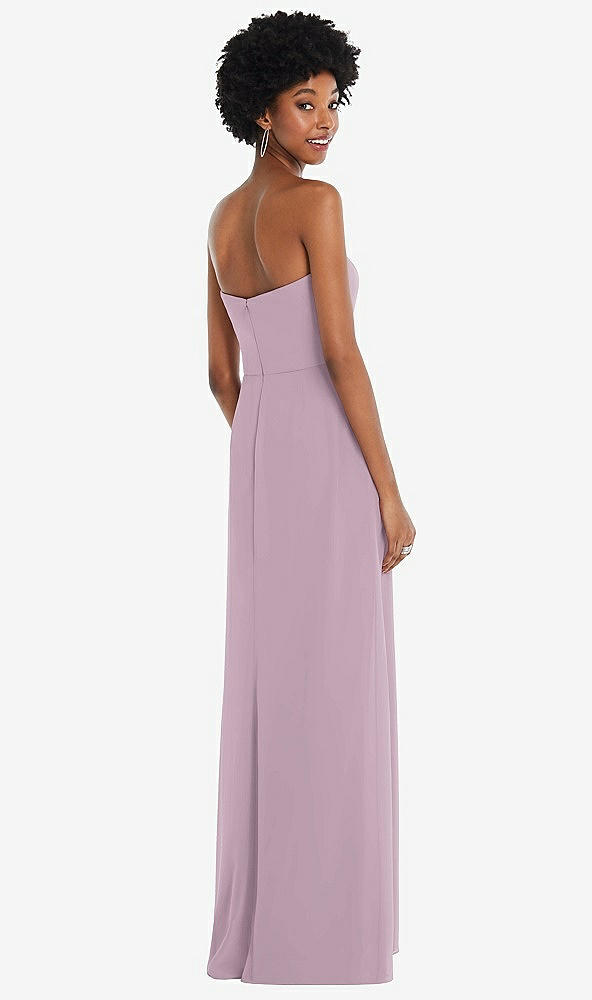 Back View - Suede Rose Strapless Sweetheart Maxi Dress with Pleated Front Slit 