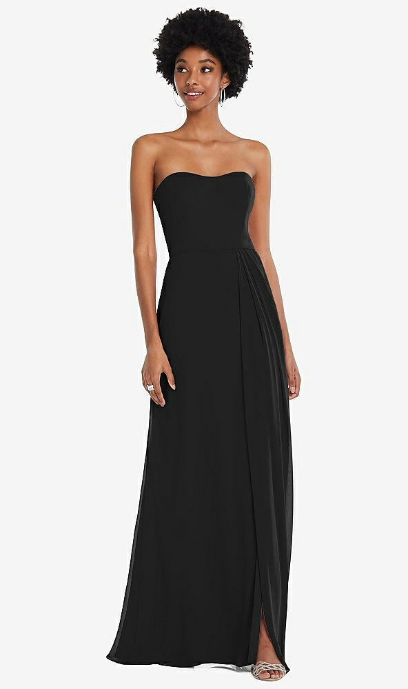 Front View - Black Strapless Sweetheart Maxi Dress with Pleated Front Slit 