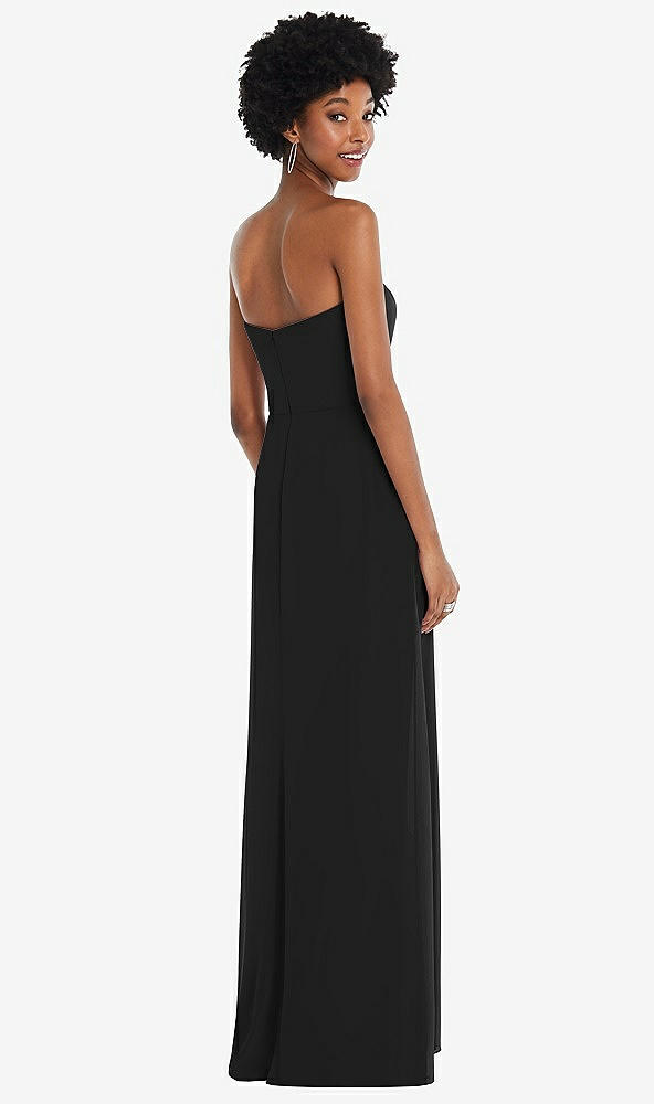 Back View - Black Strapless Sweetheart Maxi Dress with Pleated Front Slit 