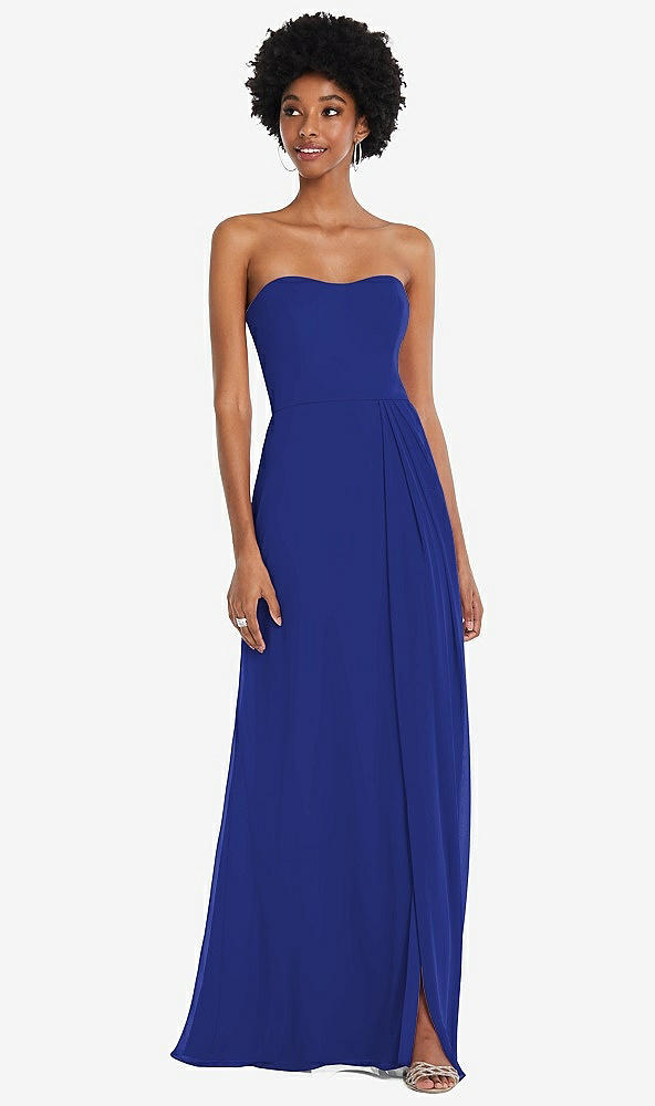 Front View - Cobalt Blue Strapless Sweetheart Maxi Dress with Pleated Front Slit 