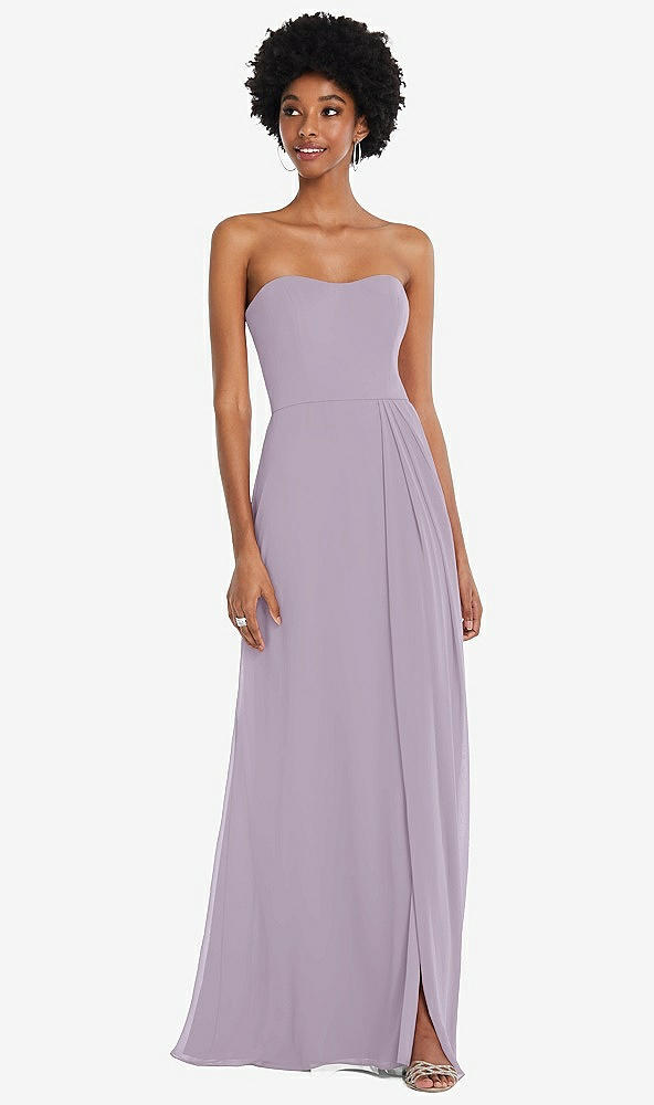 Front View - Lilac Haze Strapless Sweetheart Maxi Dress with Pleated Front Slit 