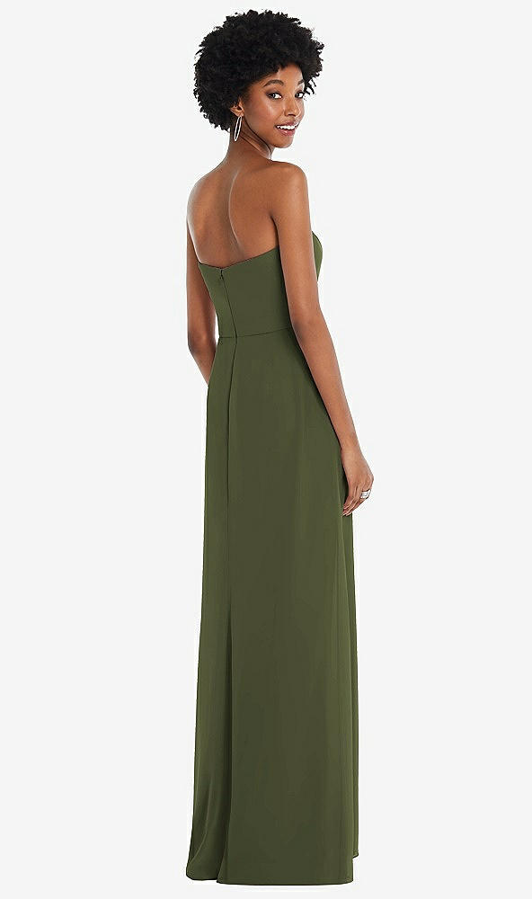 Back View - Olive Green Strapless Sweetheart Maxi Dress with Pleated Front Slit 