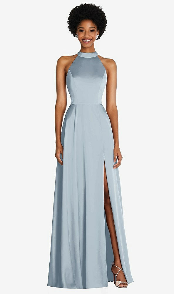 Front View - Mist Stand Collar Cutout Tie Back Maxi Dress with Front Slit
