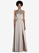 Front View Thumbnail - Taupe Stand Collar Cutout Tie Back Maxi Dress with Front Slit