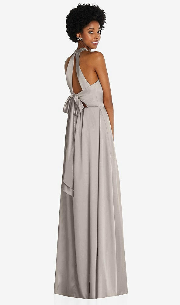 Back View - Taupe Stand Collar Cutout Tie Back Maxi Dress with Front Slit
