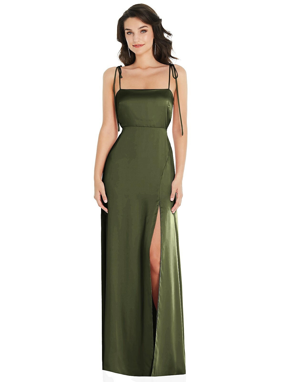 Skinny Tie-shoulder Satin Maxi Bridesmaid Dress With Front Slit In