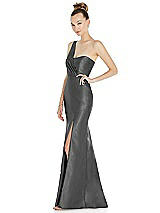 Side View Thumbnail - Gunmetal Draped One-Shoulder Satin Trumpet Gown with Front Slit