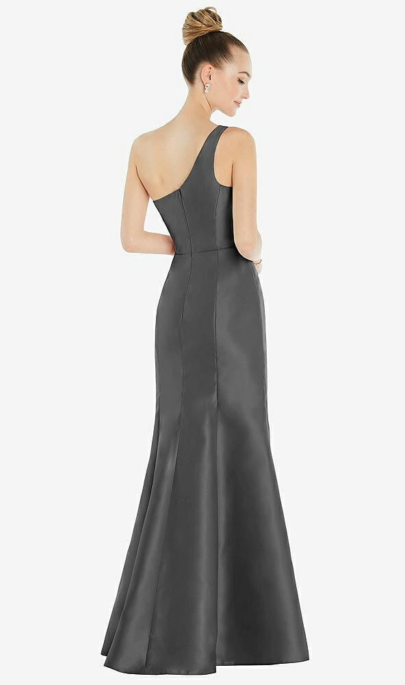Back View - Gunmetal Draped One-Shoulder Satin Trumpet Gown with Front Slit