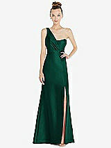 Front View Thumbnail - Hunter Green Draped One-Shoulder Satin Trumpet Gown with Front Slit