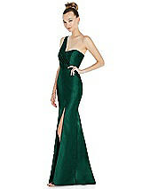 Side View Thumbnail - Hunter Green Draped One-Shoulder Satin Trumpet Gown with Front Slit