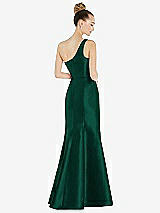 Rear View Thumbnail - Hunter Green Draped One-Shoulder Satin Trumpet Gown with Front Slit