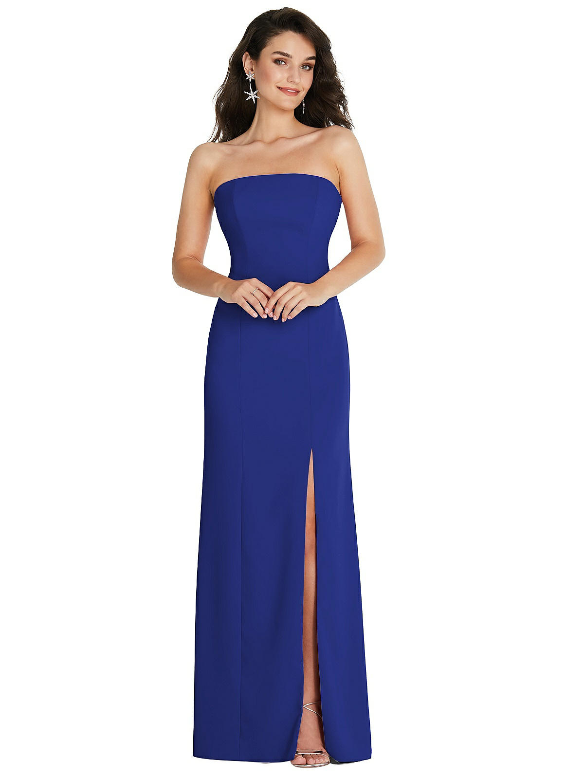 Strapless Scoop Back Maxi Bridesmaid Dress With Front Slit In