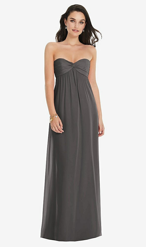 Front View - Caviar Gray Twist Shirred Strapless Empire Waist Gown with Optional Straps