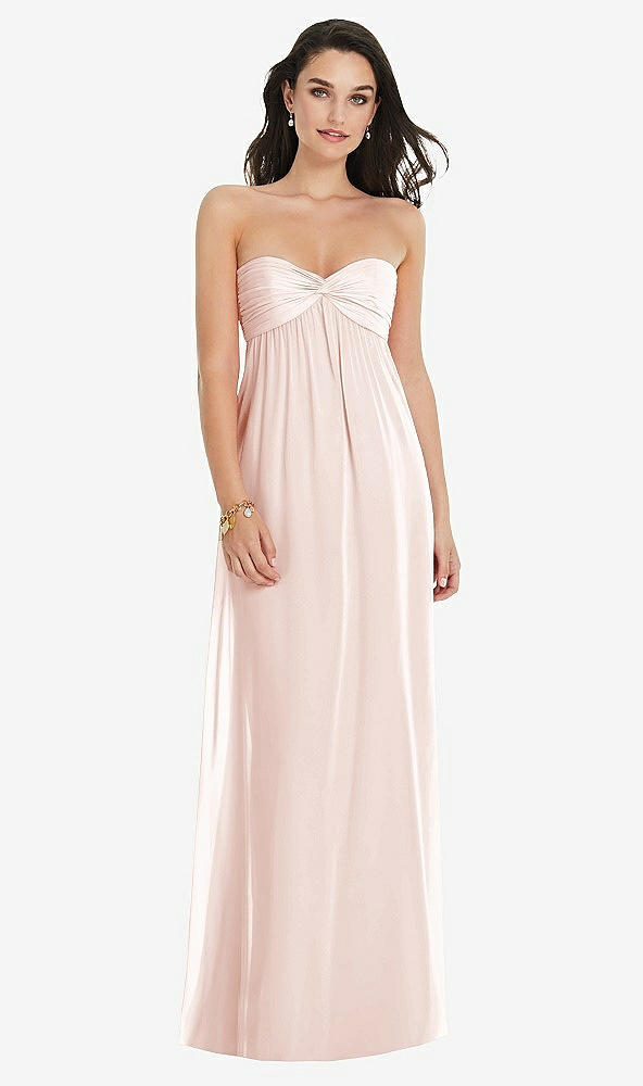 Front View - Blush Twist Shirred Strapless Empire Waist Gown with Optional Straps