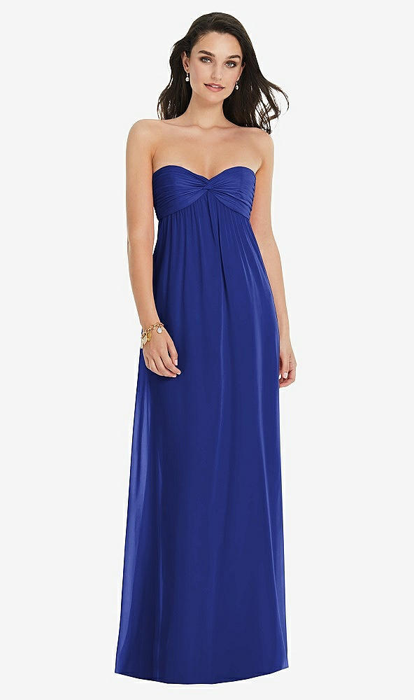 Front View - Cobalt Blue Twist Shirred Strapless Empire Waist Gown with Optional Straps