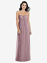 Front View Thumbnail - Dusty Rose Twist Shirred Strapless Empire Waist Gown with Optional Straps