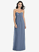 Front View Thumbnail - Larkspur Blue Twist Shirred Strapless Empire Waist Gown with Optional Straps