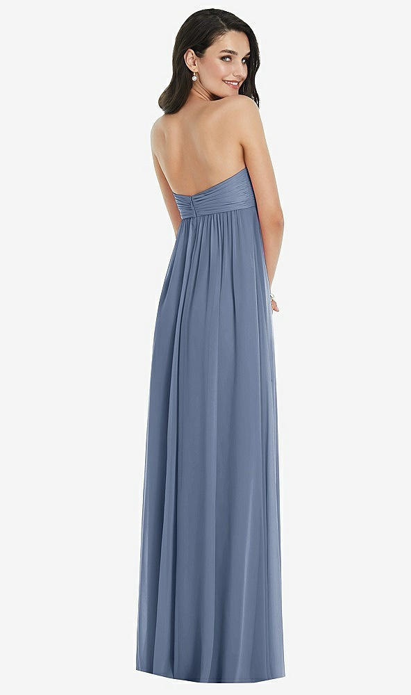Back View - Larkspur Blue Twist Shirred Strapless Empire Waist Gown with Optional Straps