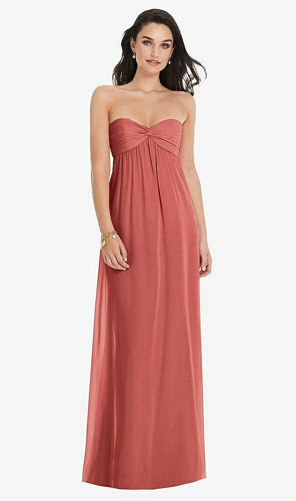 Front View - Coral Pink Twist Shirred Strapless Empire Waist Gown with Optional Straps