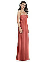 Side View Thumbnail - Coral Pink Twist Shirred Strapless Empire Waist Gown with Optional Straps