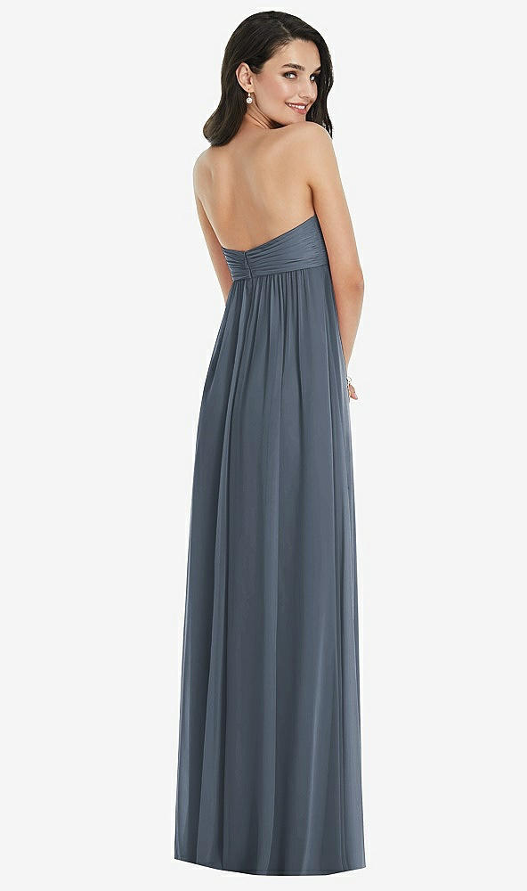 Back View - Silverstone Twist Shirred Strapless Empire Waist Gown with Optional Straps