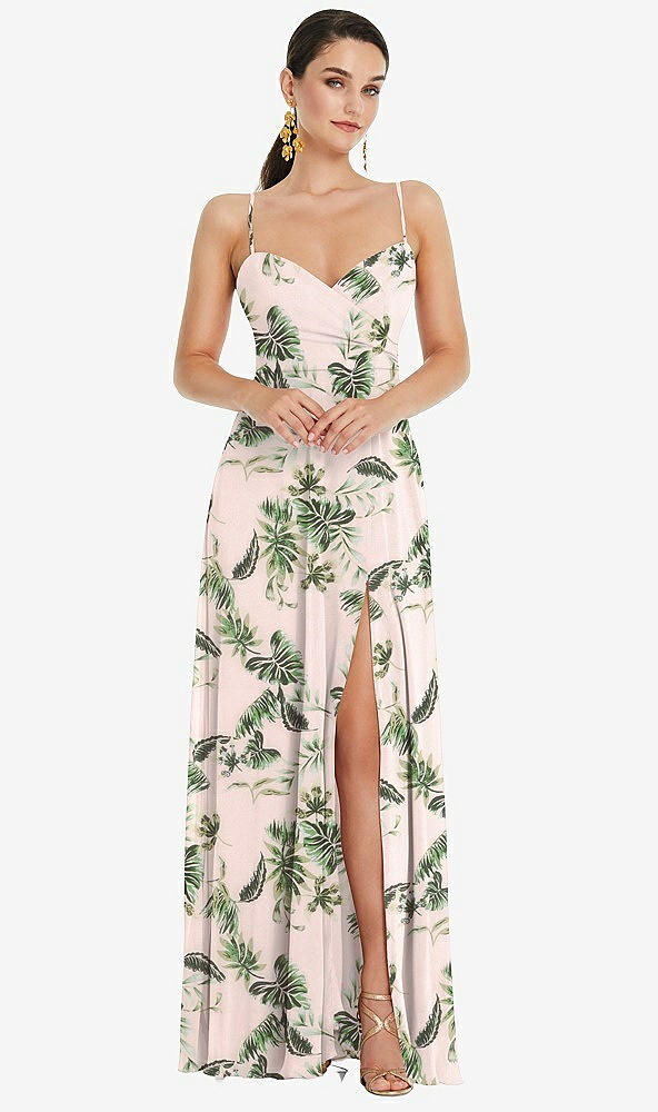 Front View - Palm Beach Print Adjustable Strap Wrap Bodice Maxi Dress with Front Slit 