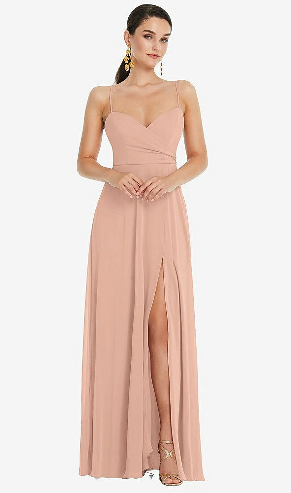 Front View - Pale Peach Adjustable Strap Wrap Bodice Maxi Dress with Front Slit 