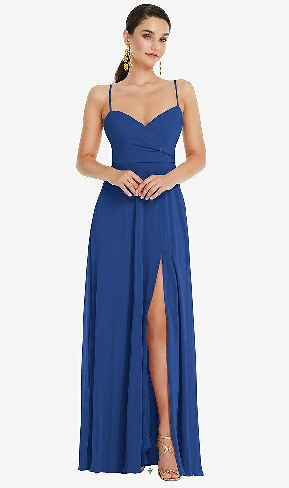 Front View - Classic Blue Adjustable Strap Wrap Bodice Maxi Dress with Front Slit 