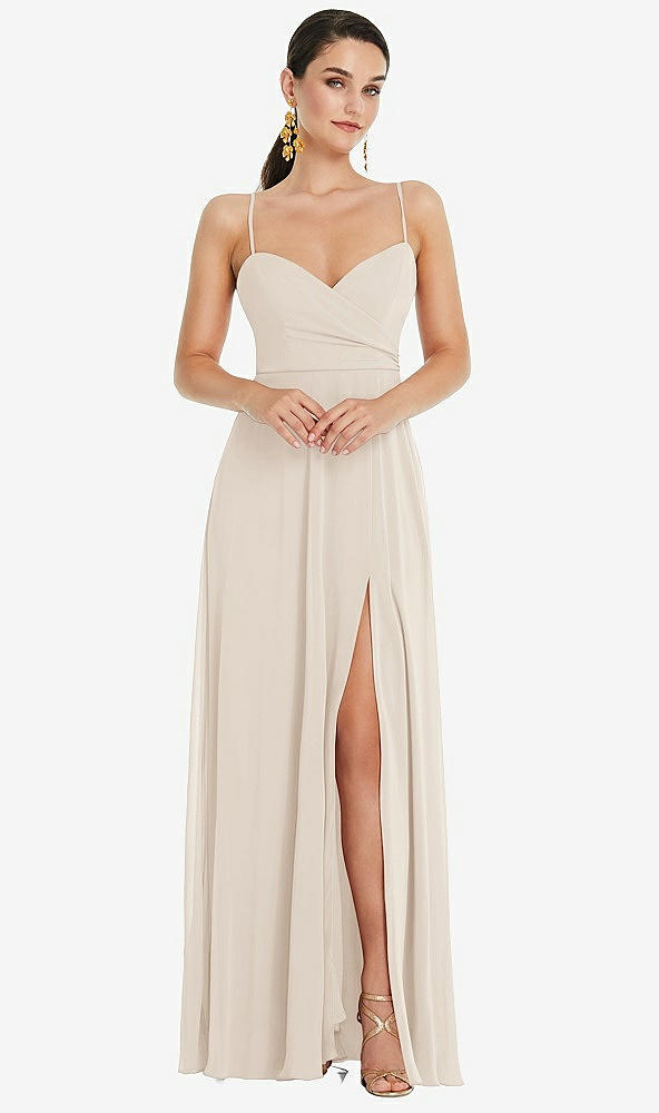 Front View - Oat Adjustable Strap Wrap Bodice Maxi Dress with Front Slit 