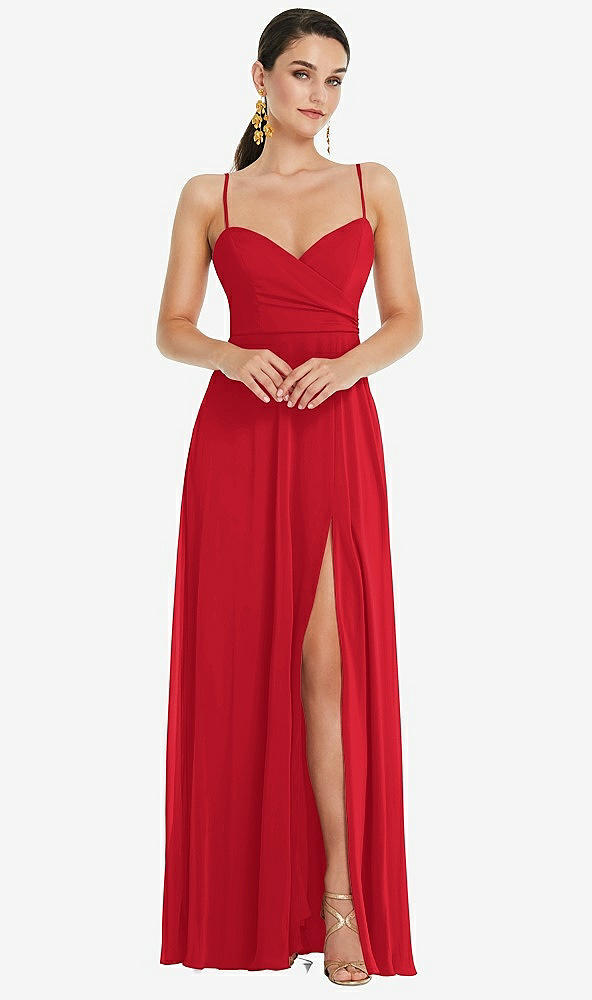Front View - Parisian Red Adjustable Strap Wrap Bodice Maxi Dress with Front Slit 
