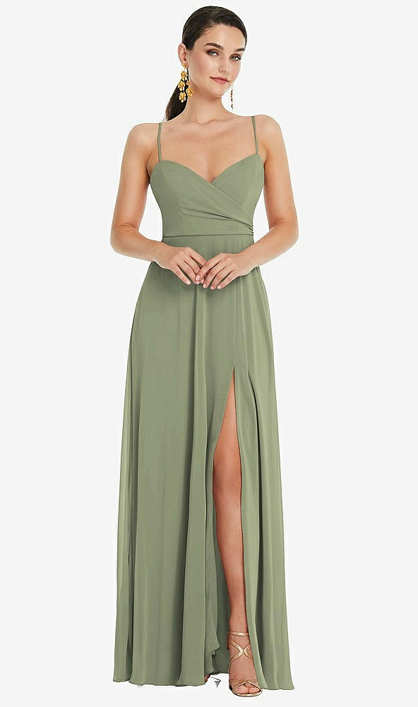 Front View - Sage Adjustable Strap Wrap Bodice Maxi Dress with Front Slit 