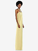 Side View Thumbnail - Pale Yellow Draped Satin Grecian Column Gown with Convertible Straps