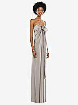 Alt View 5 Thumbnail - Taupe Draped Satin Grecian Column Gown with Convertible Straps