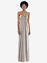 Alt View 7 Thumbnail - Taupe Draped Satin Grecian Column Gown with Convertible Straps
