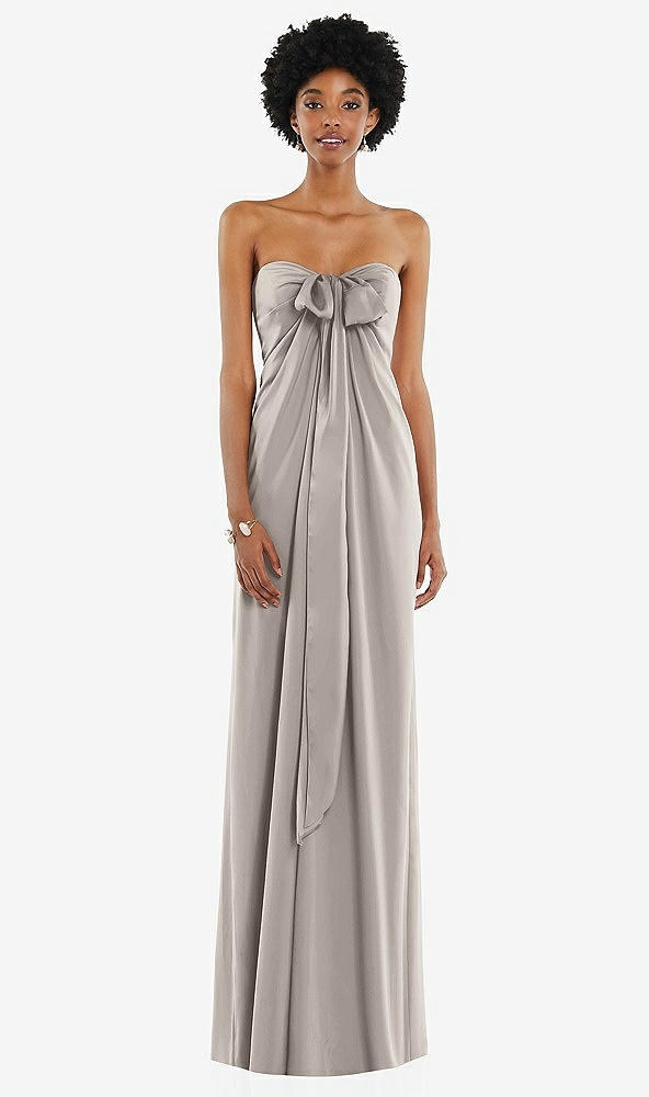 Front View - Taupe Draped Satin Grecian Column Gown with Convertible Straps