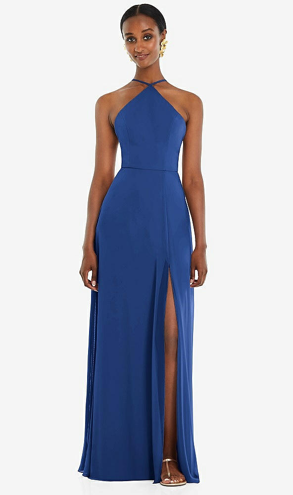 Front View - Classic Blue Diamond Halter Maxi Dress with Adjustable Straps