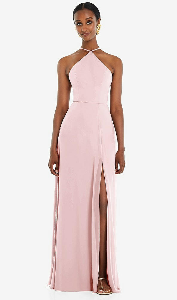 Front View - Ballet Pink Diamond Halter Maxi Dress with Adjustable Straps