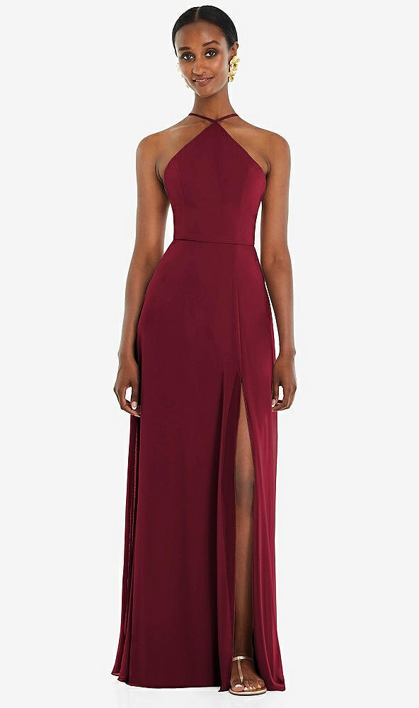 Front View - Burgundy Diamond Halter Maxi Dress with Adjustable Straps