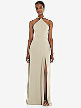 Front View Thumbnail - Champagne Diamond Halter Maxi Dress with Adjustable Straps