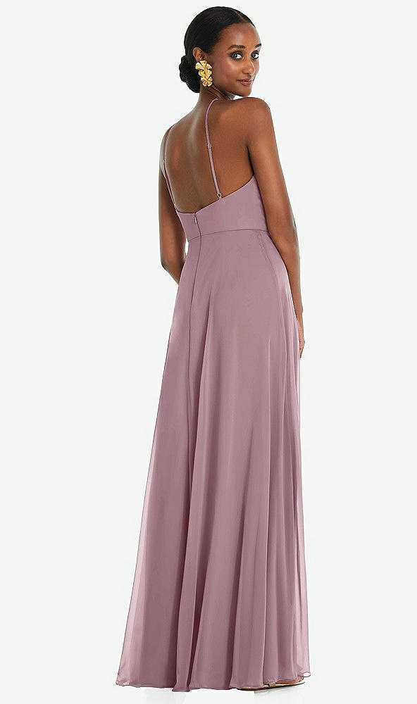 Back View - Dusty Rose Diamond Halter Maxi Dress with Adjustable Straps