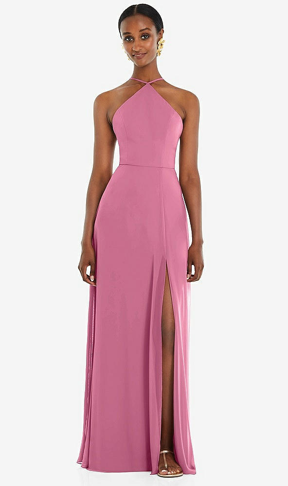 Front View - Orchid Pink Diamond Halter Maxi Dress with Adjustable Straps