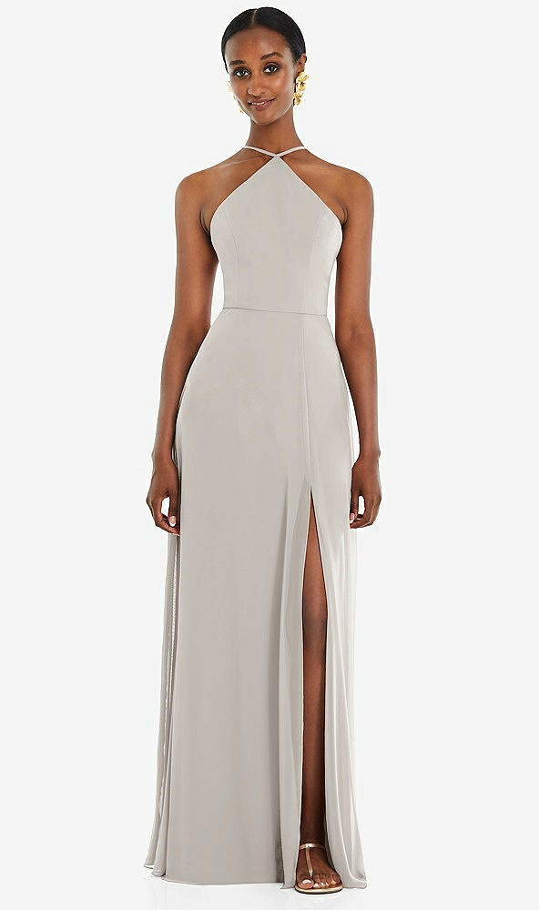 Front View - Oyster Diamond Halter Maxi Dress with Adjustable Straps